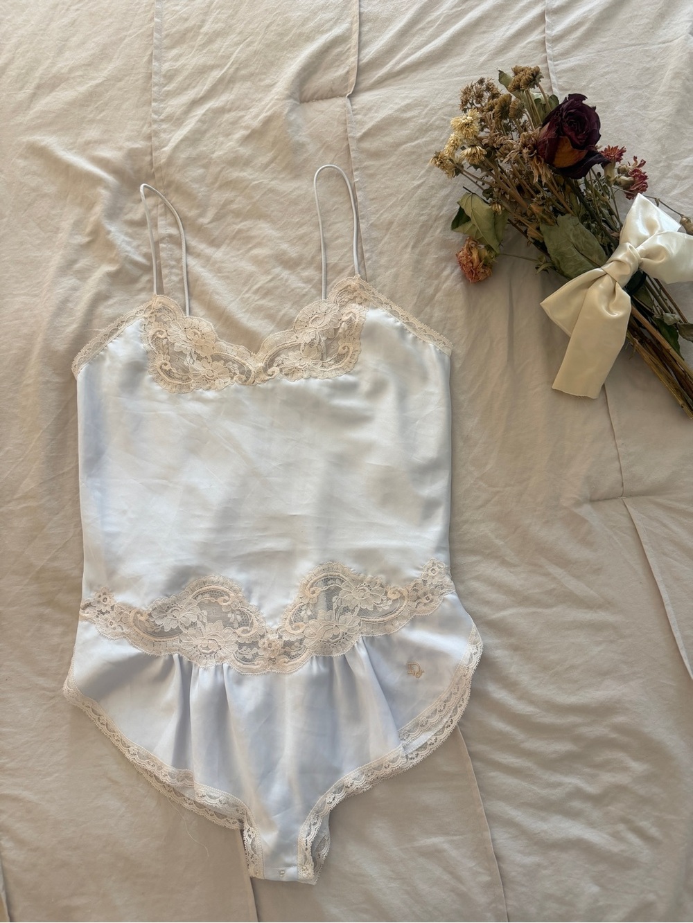 Dior Ivory Satin Lace-Trim Chemise Bodysuit